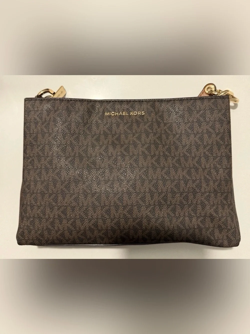 Michael Kors Brown Logo Clutch with Gold Hardware Zip Closure